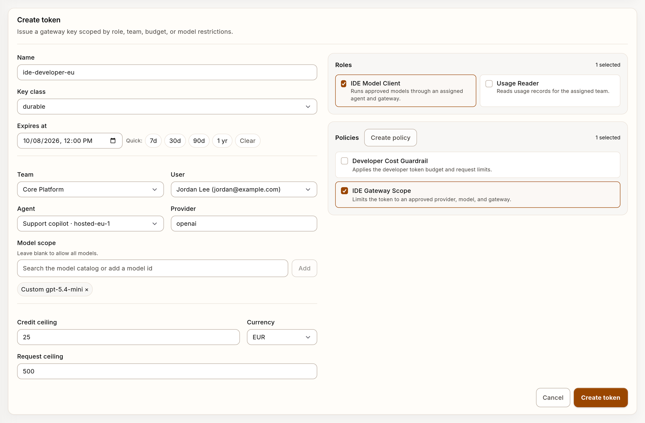 Example scoped API token creation form with synthetic data