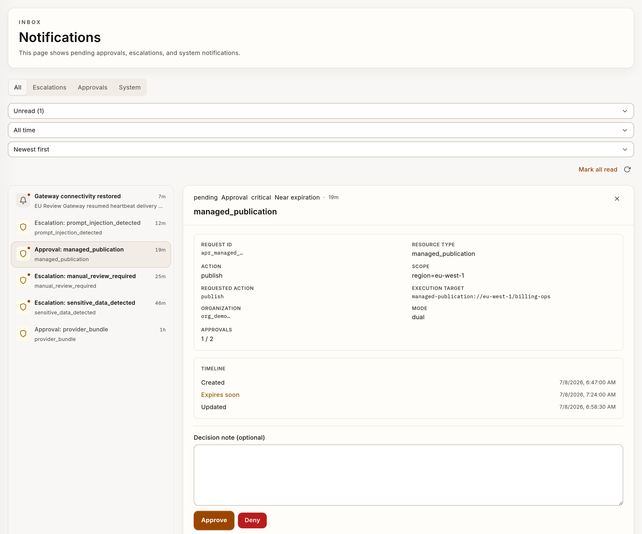 Inbox approval with request details and decision controls