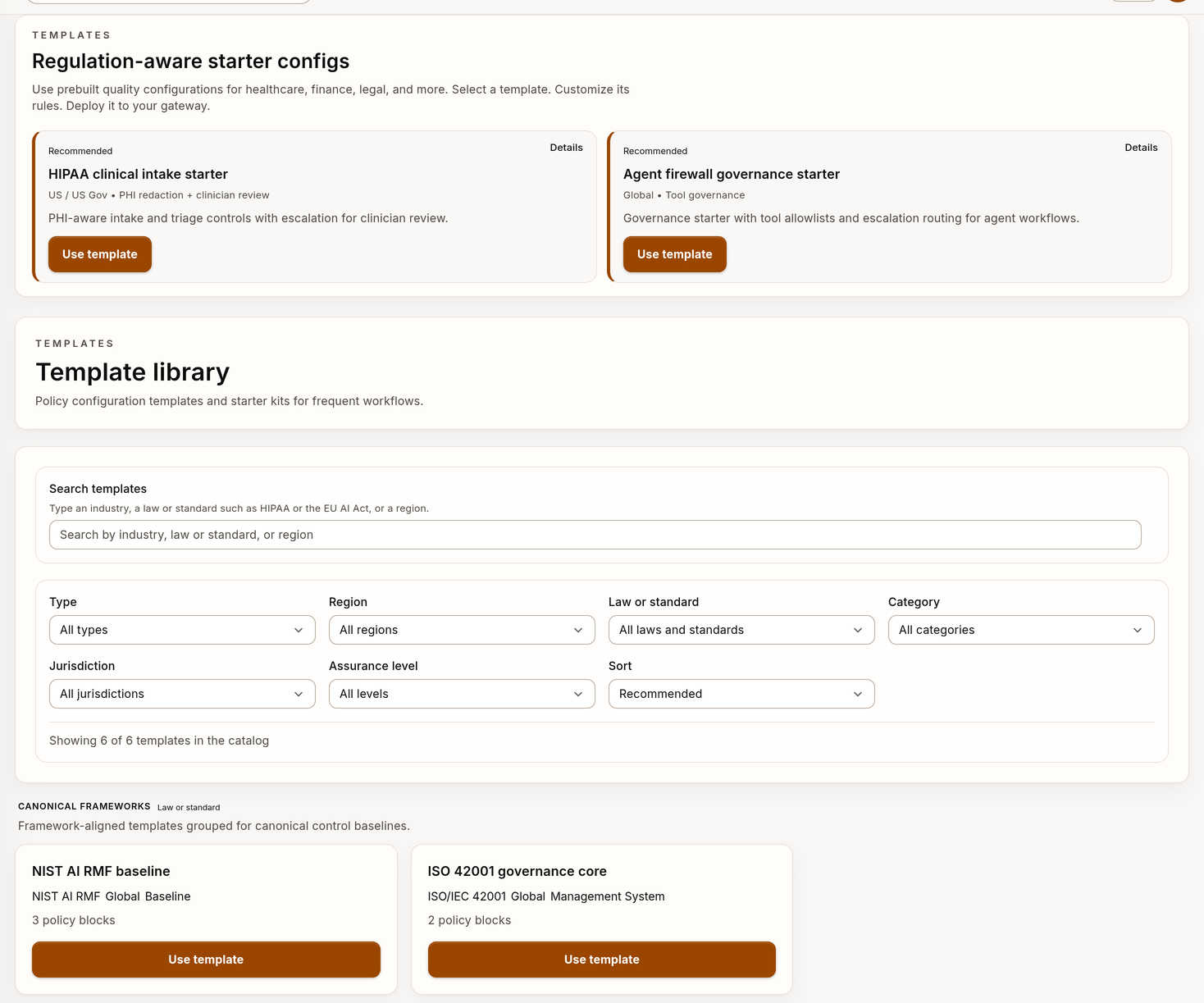 Example template catalog with synthetic data
