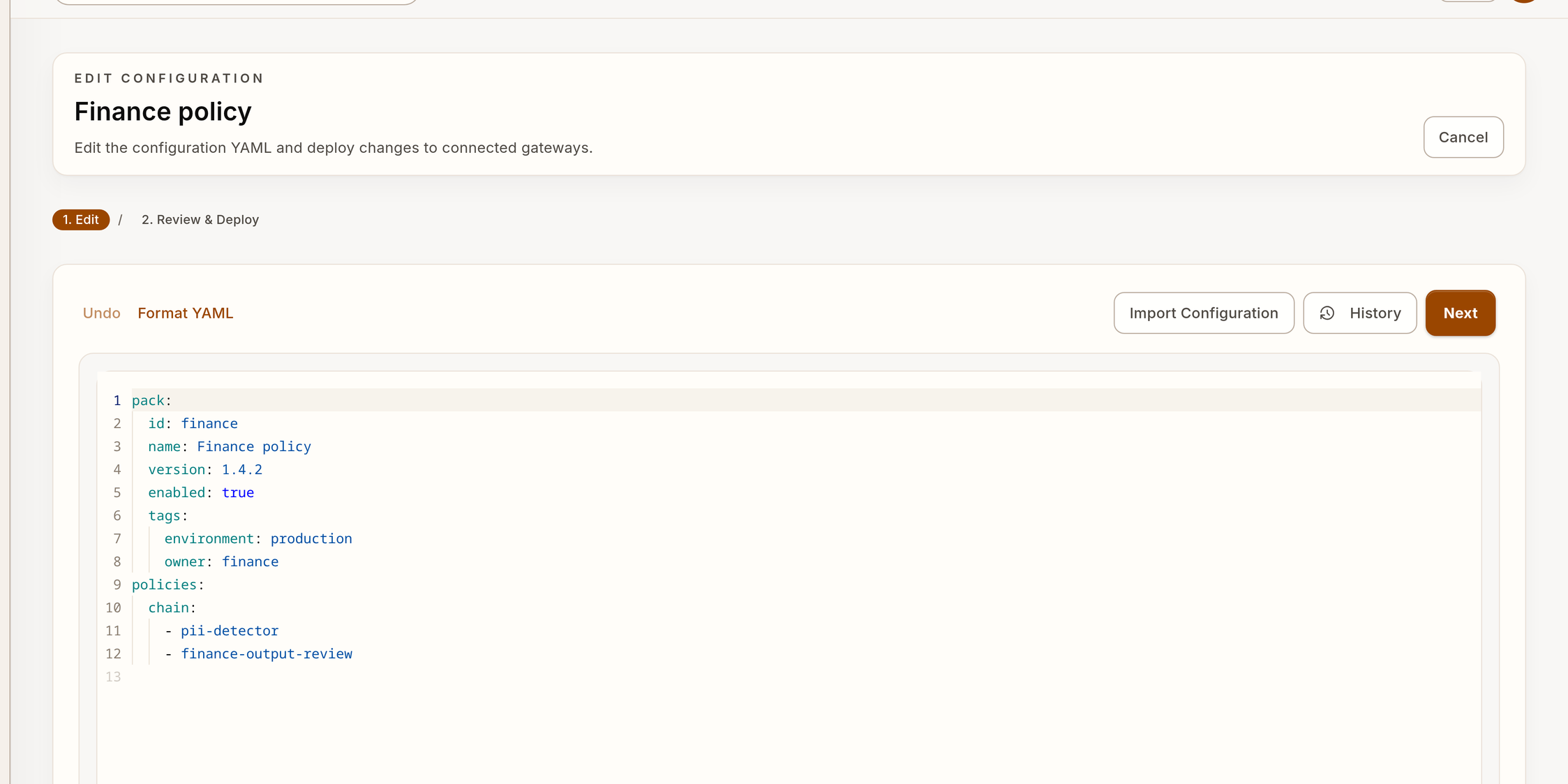 Configuration YAML workbench with a finance policy draft