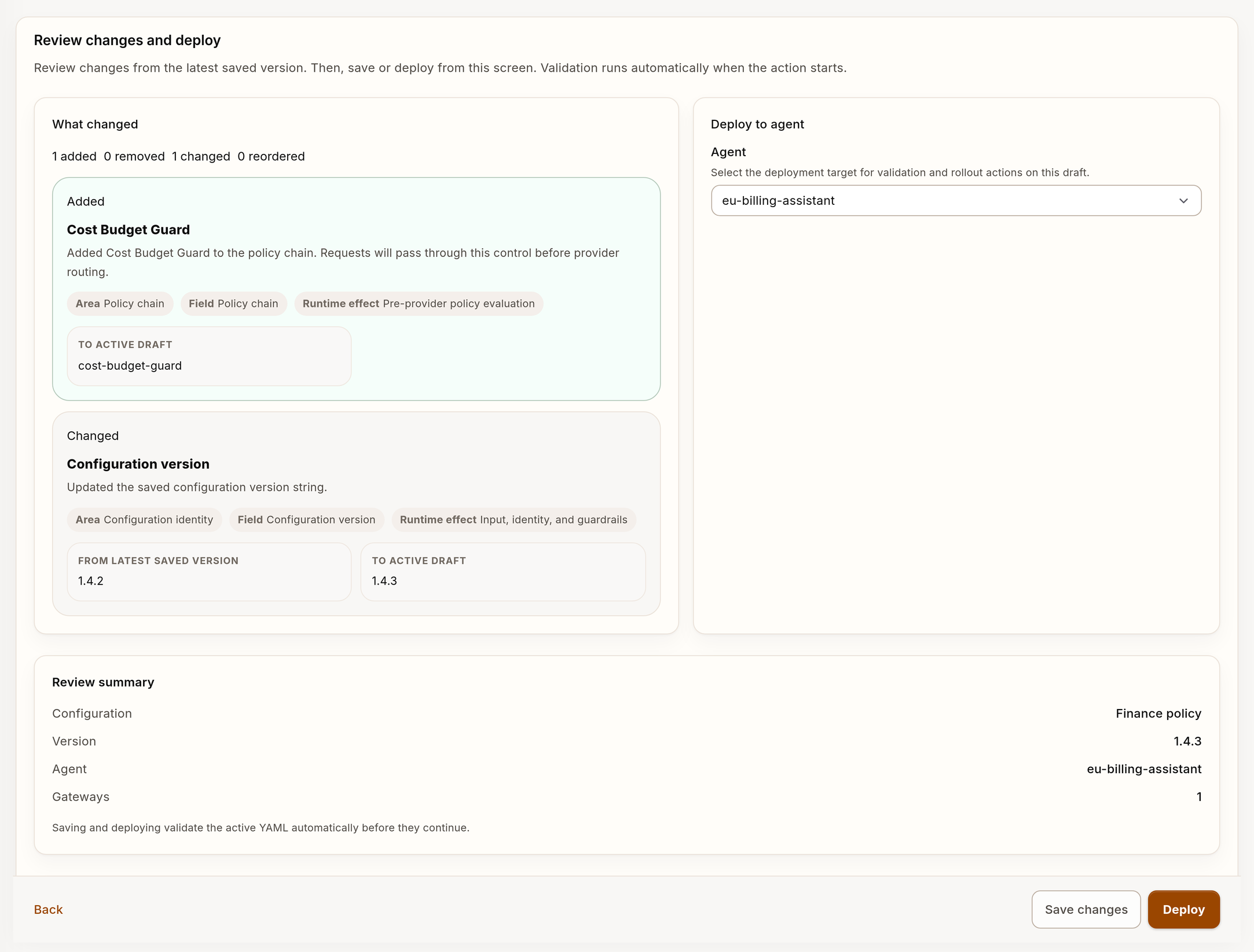 Configuration review step with deployment controls