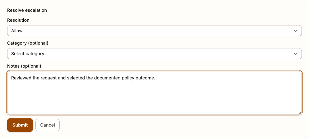 Example escalation resolution form with synthetic data