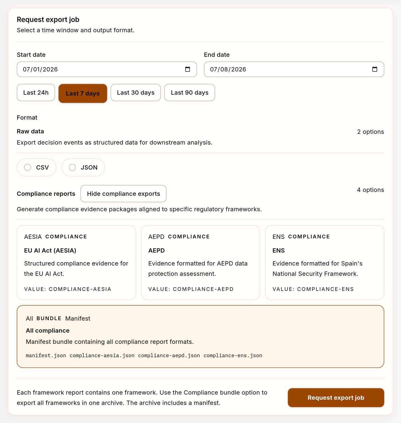 Example evidence export request with synthetic data