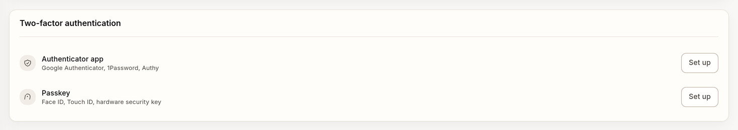 Example MFA and passkey options