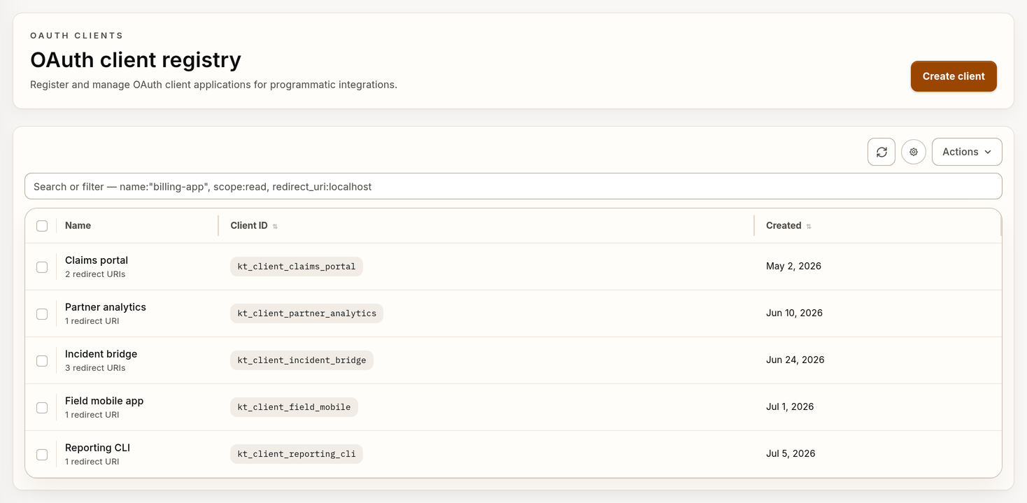 Example OAuth client registry with synthetic data
