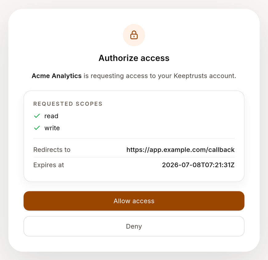 OAuth consent request with a synthetic client, callback URI, and requested scopes