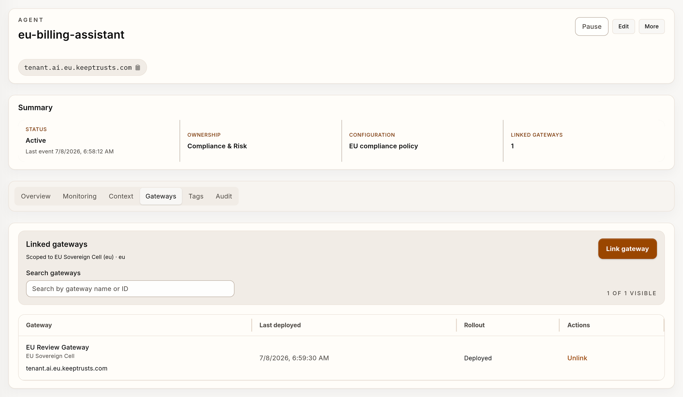 Agent Gateways tab with one linked EU gateway