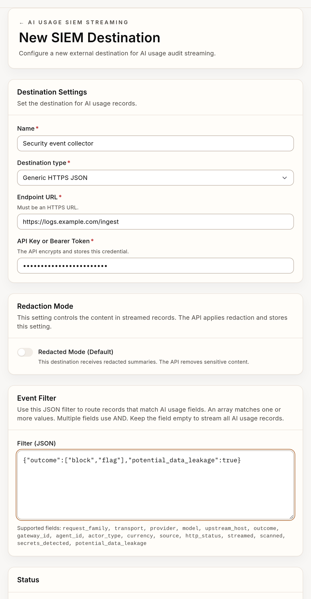 SIEM destination form with a synthetic HTTPS endpoint, redacted mode, and event filter